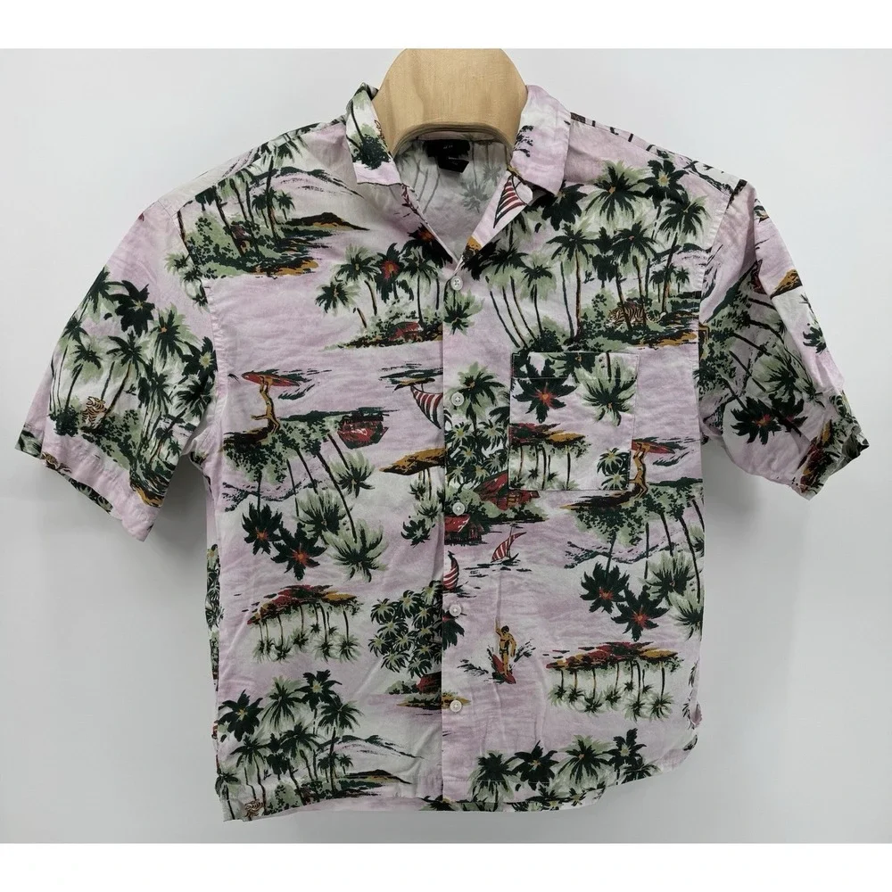 H&M Hawaiian Shirt Men's Size L Cotton Pink Floral Tropical Beach Island Aloha